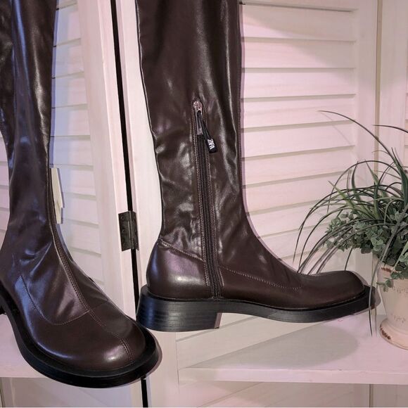 Zara Over The Knee Brown Flat Boots Size 7.5 - Picture 4 of 9